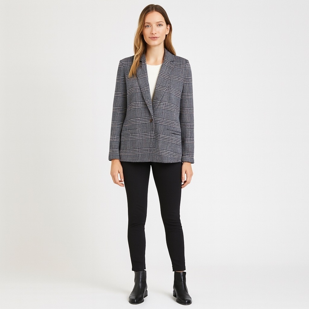 NEW Lands’ End Women's Gray Plaid Button Front Long Blazer Jacket Size Medium